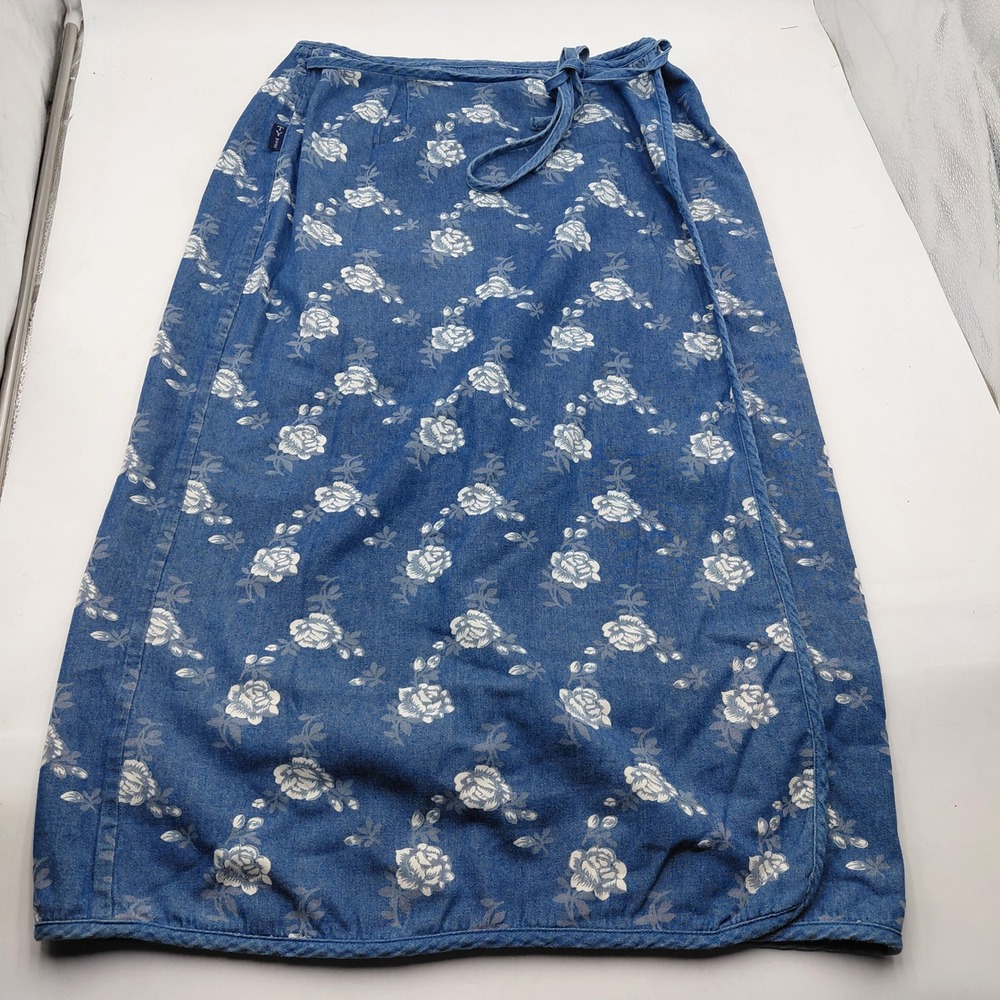 TY Wear Denim Floral Wrap Skirt 18 Blue Rose Print Cotton Midi Cottagecore Tie